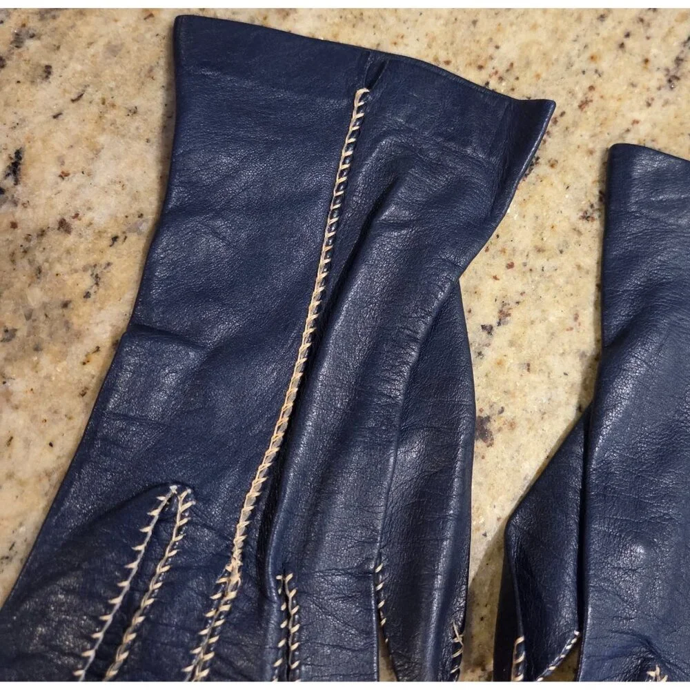 Vintage Womens Size XS S 6 1/4 Blue Leather Formal Gloves Contrast Stitching